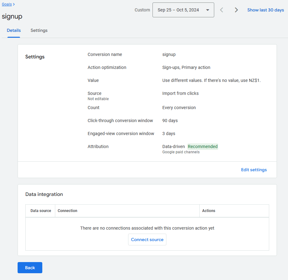 Google Ads conversion action connect source