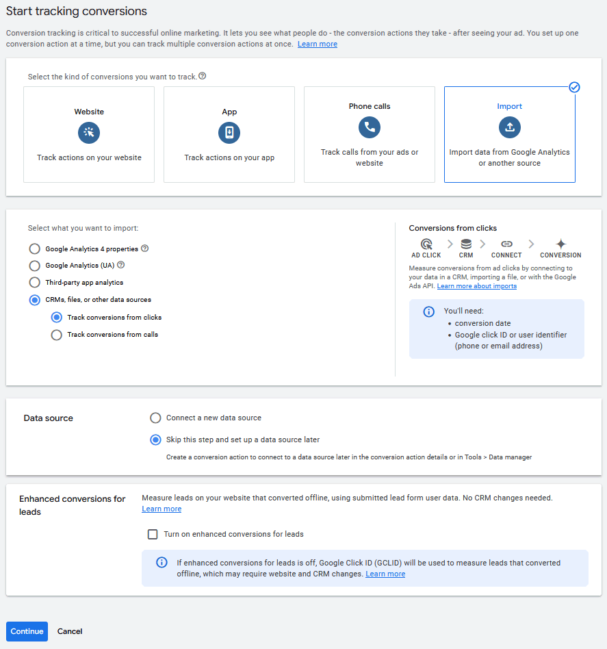 Google Ads import type selection